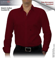 Dark Red Solid Stretch Cotton #cc42, 97% Cotton 3%Lyrca, Men's Monogrammed Custom Tailored Dress Shirt
