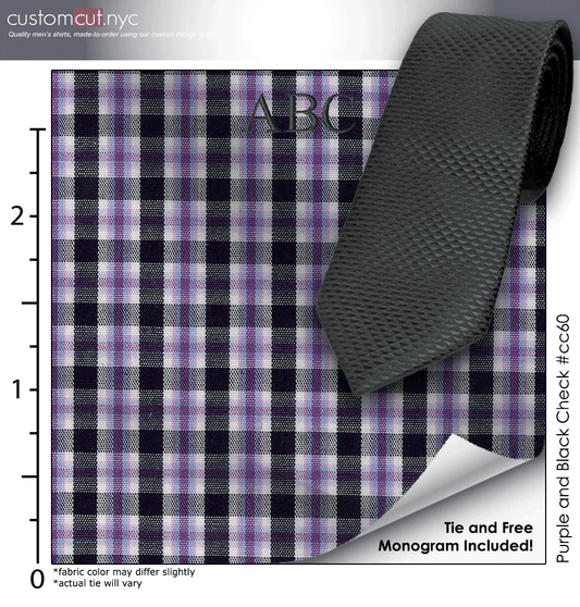 Tie Set, Purple and Black Check #cc60, 100% Cotton Men's Monogrammed Custom Dress Shirt.