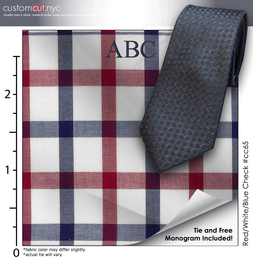 Tie Set, Red/White/Blue Check #cc65, 100% Cotton Men's Monogrammed Custom Dress Shirt.