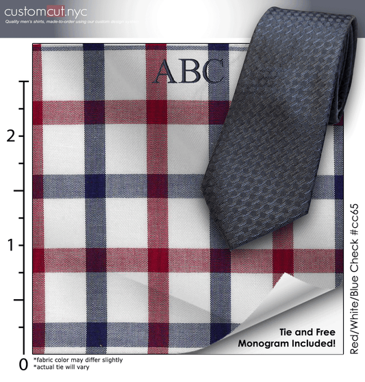 Tie Set, Red/White/Blue Check #cc65, 100% Cotton Men's Monogrammed Custom Dress Shirt.