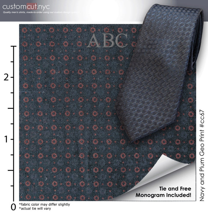 Printed Charcoal/Navy Geo Tie Set# cc67, 100% Cotton, Men's Monogrammed Custom Tailored Dress Shirt