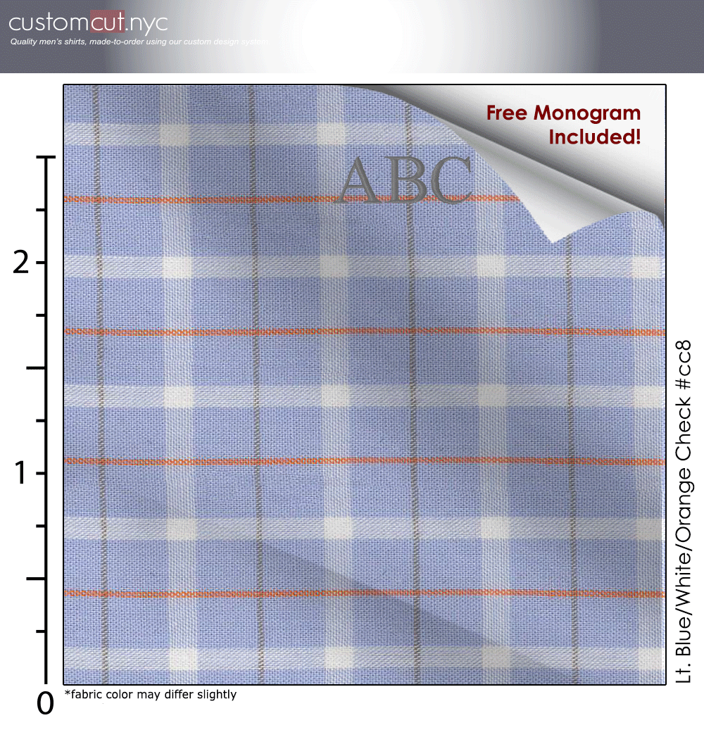 Lt. Blue/White/Orange Check #cc8, 100% Cotton, Men's Monogrammed Custom Tailored Shirt