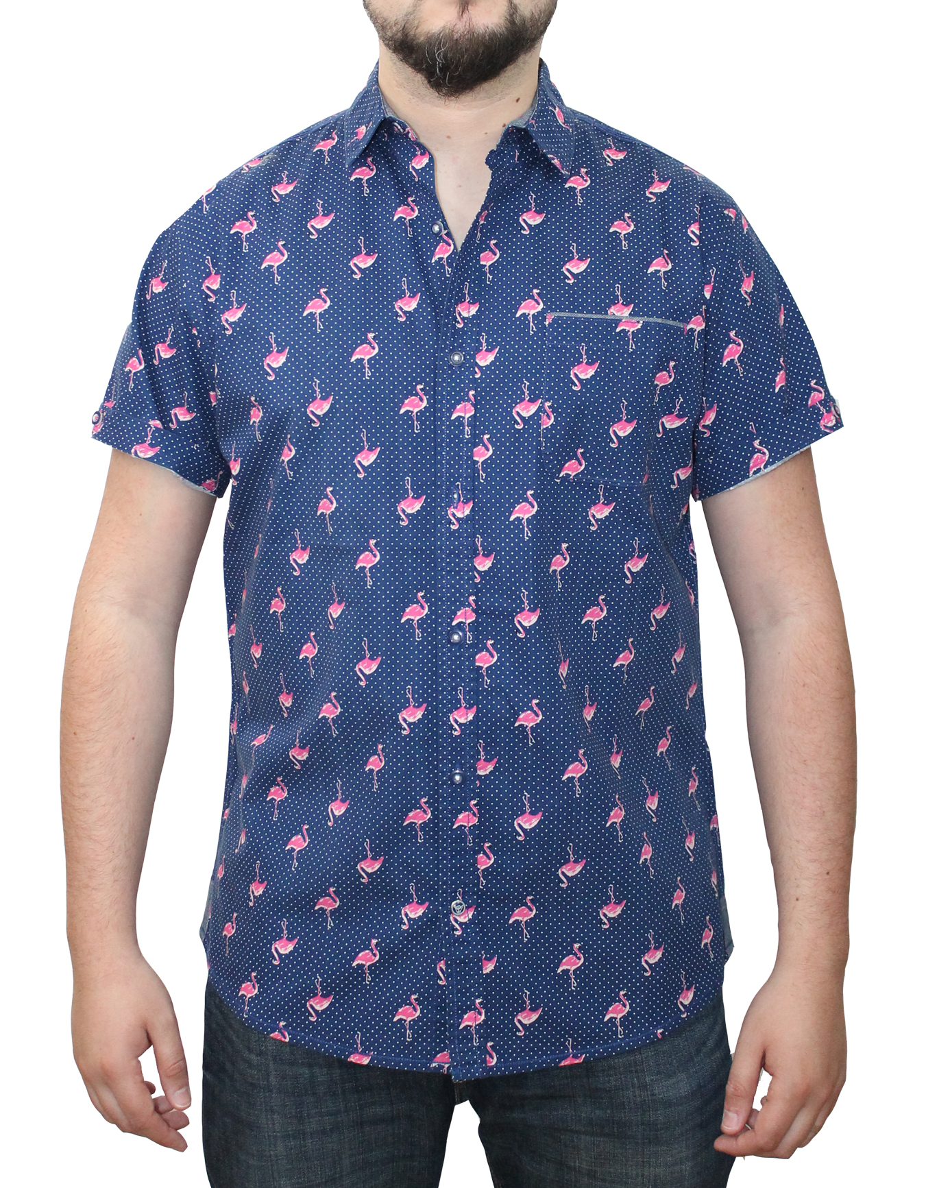 Short Sleeve Printed Button Shirt Flamingo 100% Cotton gs