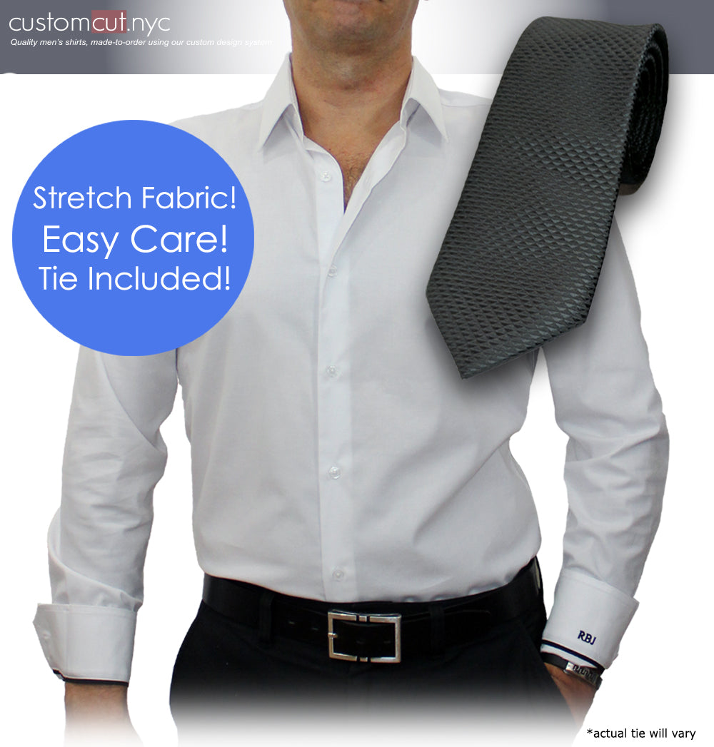 Tie Set, White Solid #cc68, Eazy Care Cotton Blend Men's Monogrammed Custom Dress Shirt.