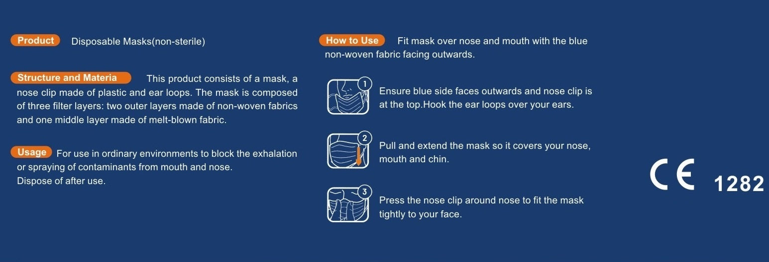 Disposable 3-Ply Face Mask, 50 pack — In Stock, Immediate Free Shipping! Arrives in 2-3 days