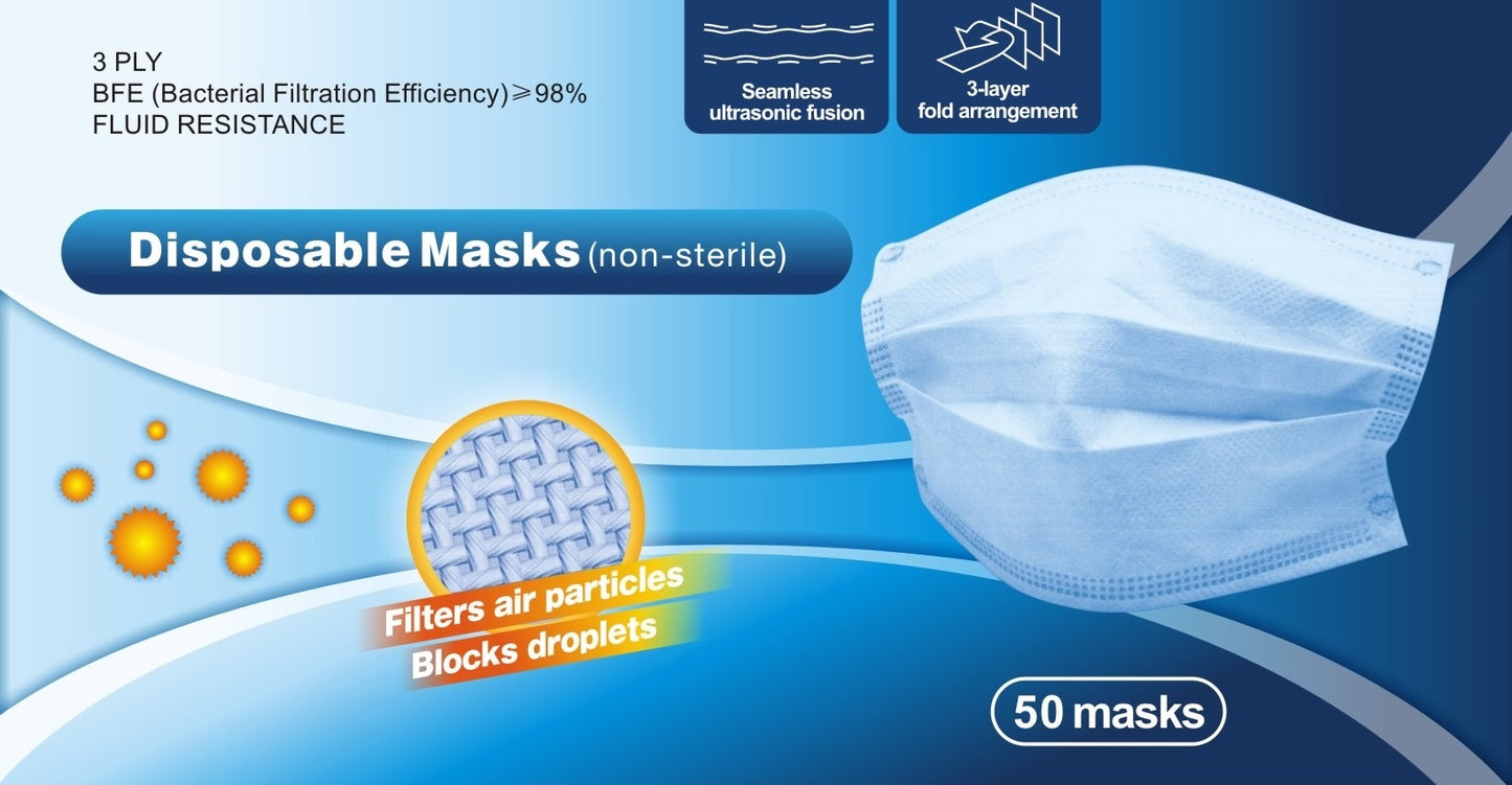 Disposable 3-Ply Face Mask, 50 pack — In Stock, Immediate Free Shipping! Arrives in 2-3 days