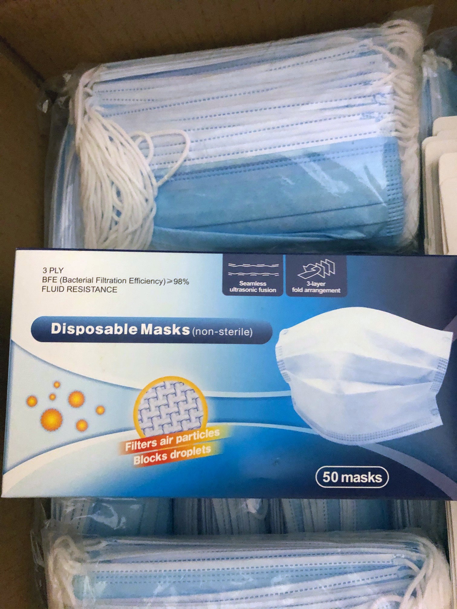 Disposable 3-Ply Face Mask, 50 pack — In Stock, Immediate Free Shipping! Arrives in 2-3 days