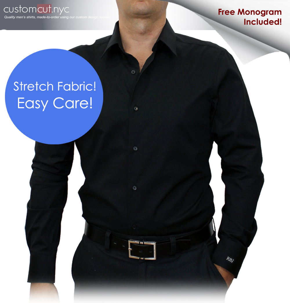 Black Solid Stretch Cotton #cc37, 97%Cotton3%Spandex, Men's Monogrammed Custom Tailored Dress Shirt gs